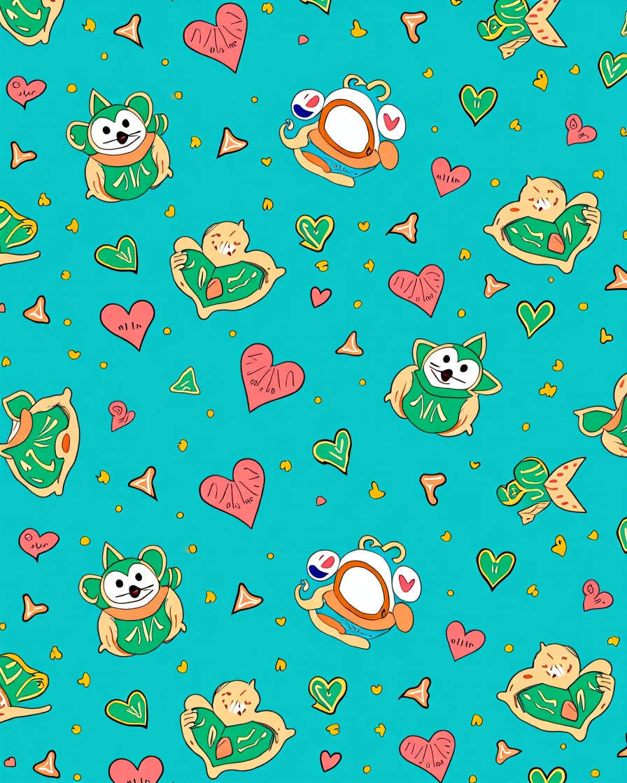 Cyan Whimsical Hearts Animal Characters Rug