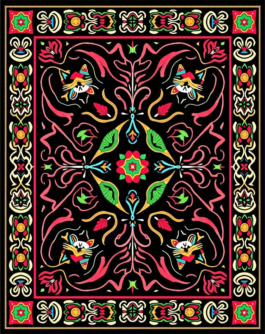 Bold Black Floral Animal Whimsical Rug