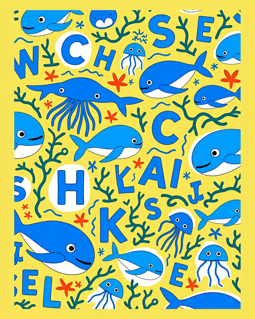 Undersea Whales and Jellyfish Alphabet Rug