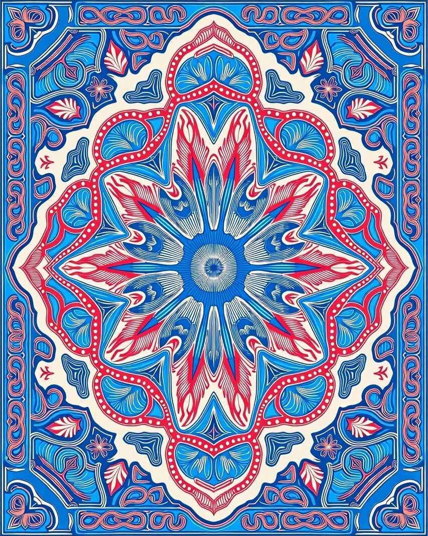 Vibrant Blue Red Floral Mandala Square Rug