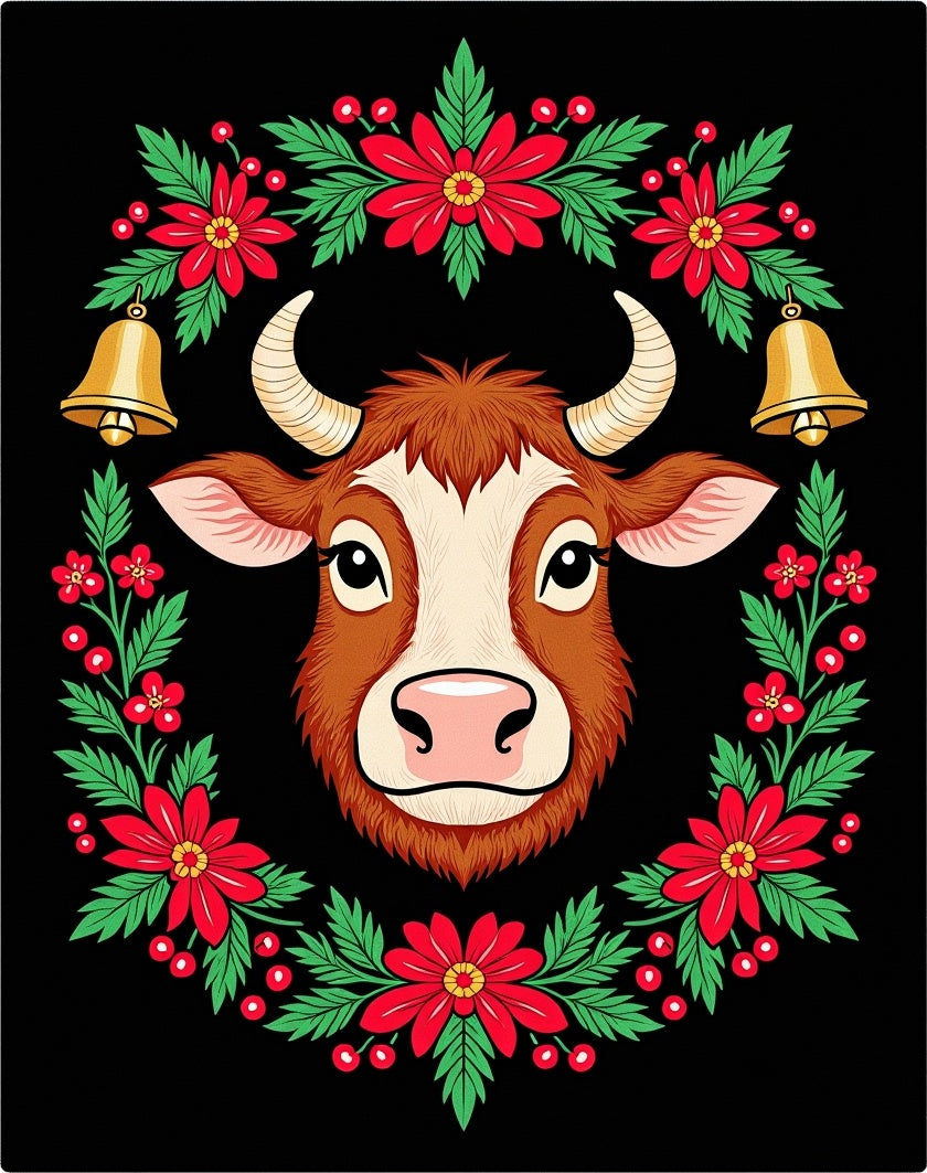 Whimsical Bull Floral Bell Wreath Rug