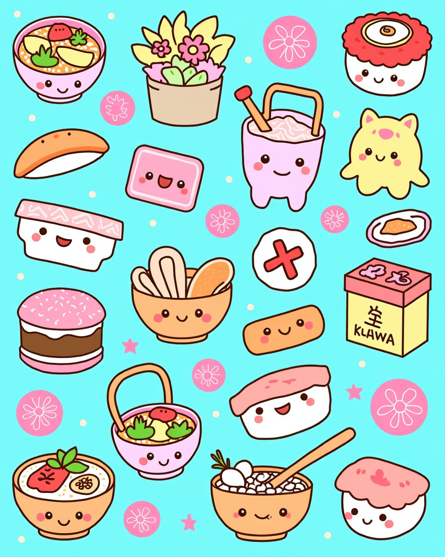 Kawaii Foodie Bowl and Sushi Collection Rug