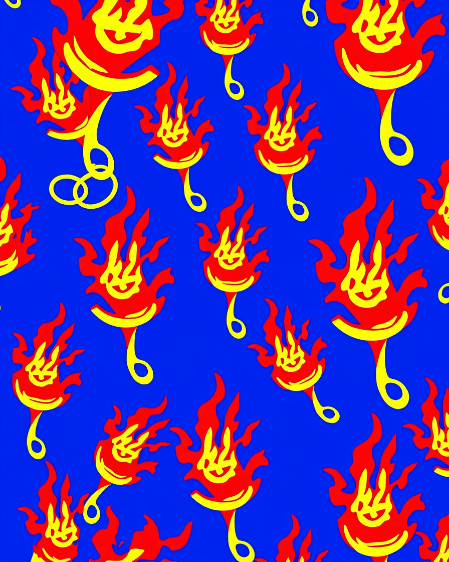 Red Yellow Flame Figures Blue Background Rug