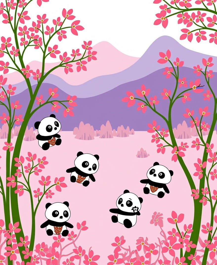 Playful Pandas Cherry Blossom Landscape Rug