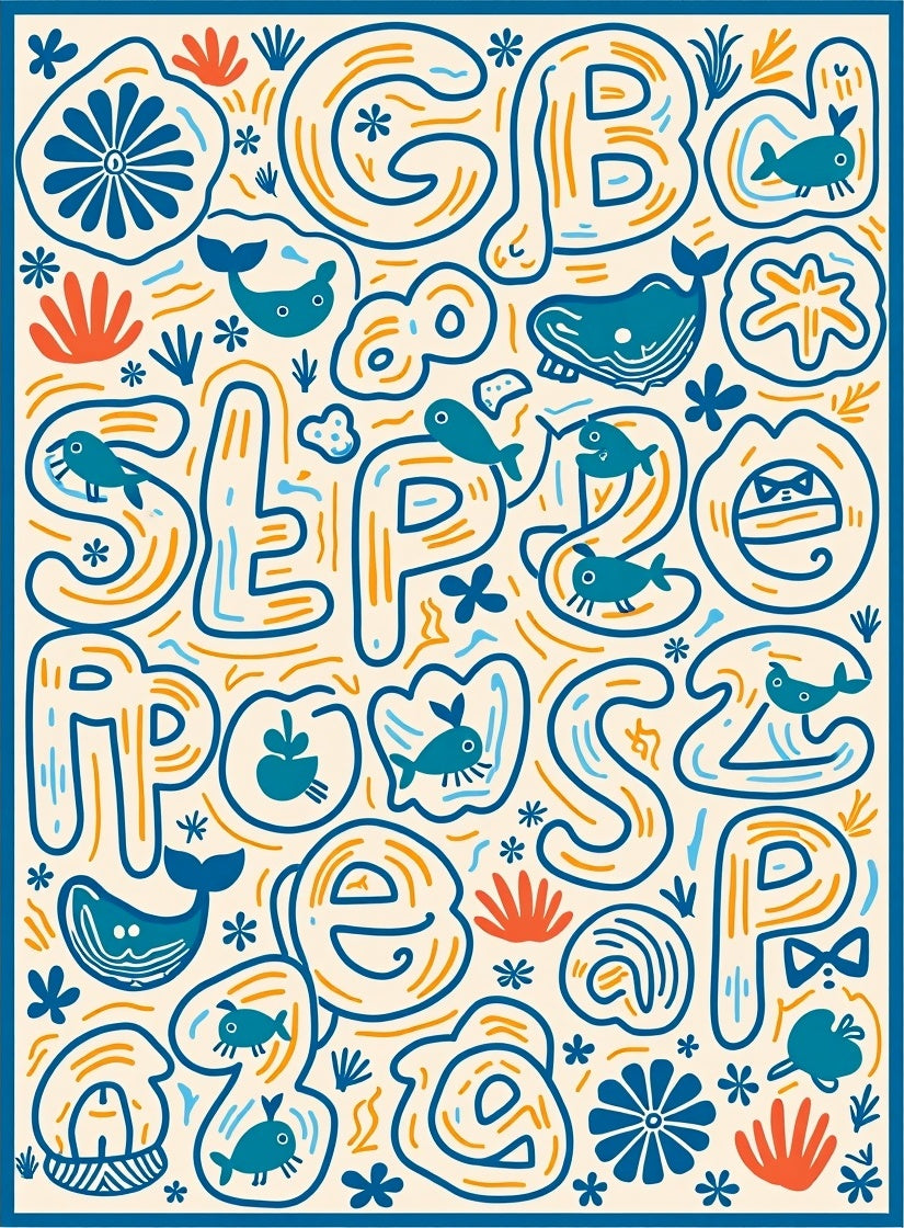 Oceanic Blue Whimsical Sea Creatures Alphabet Rug