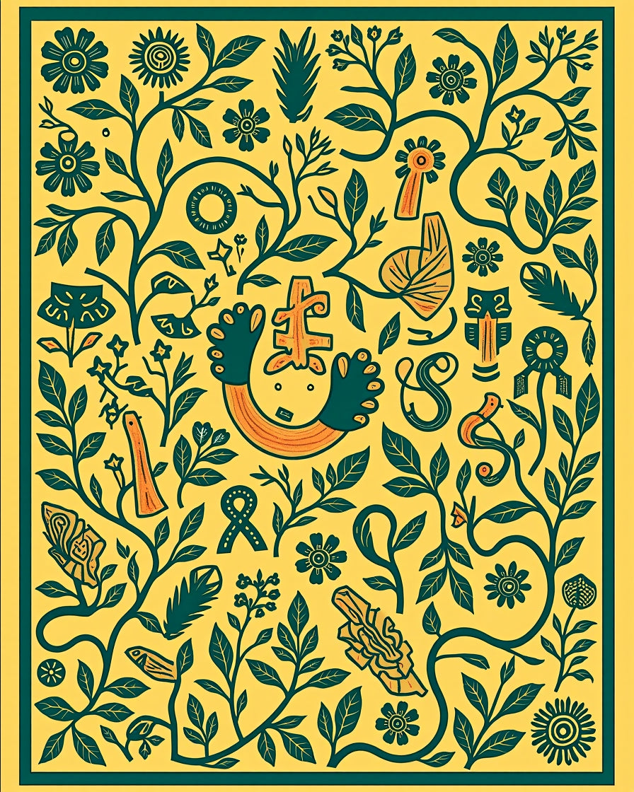 Whimsical Yellow Green Botanical Tapestry Rug