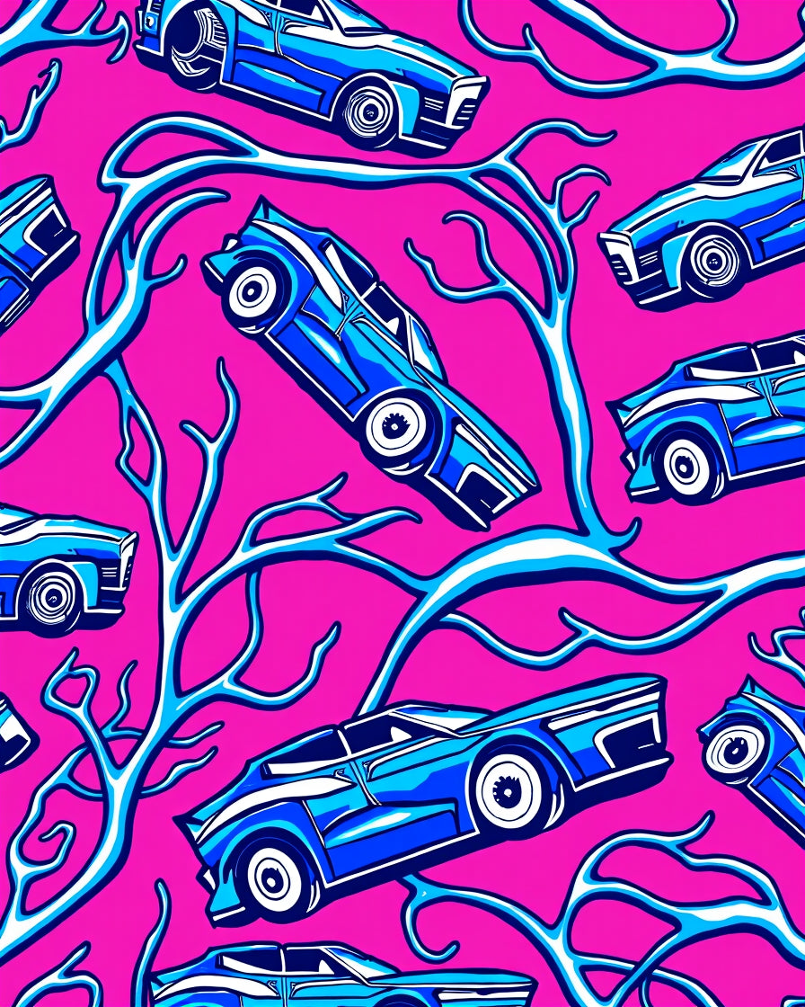 Bright Pink Blue Cartoon Cars Rug