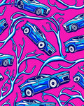 Bright Pink Blue Cartoon Cars Rug