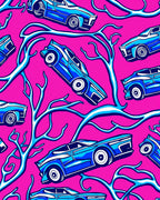 Bright Pink Blue Cartoon Cars Rug