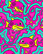 Doodle Fish Pink Aqua Yellow Art Rug