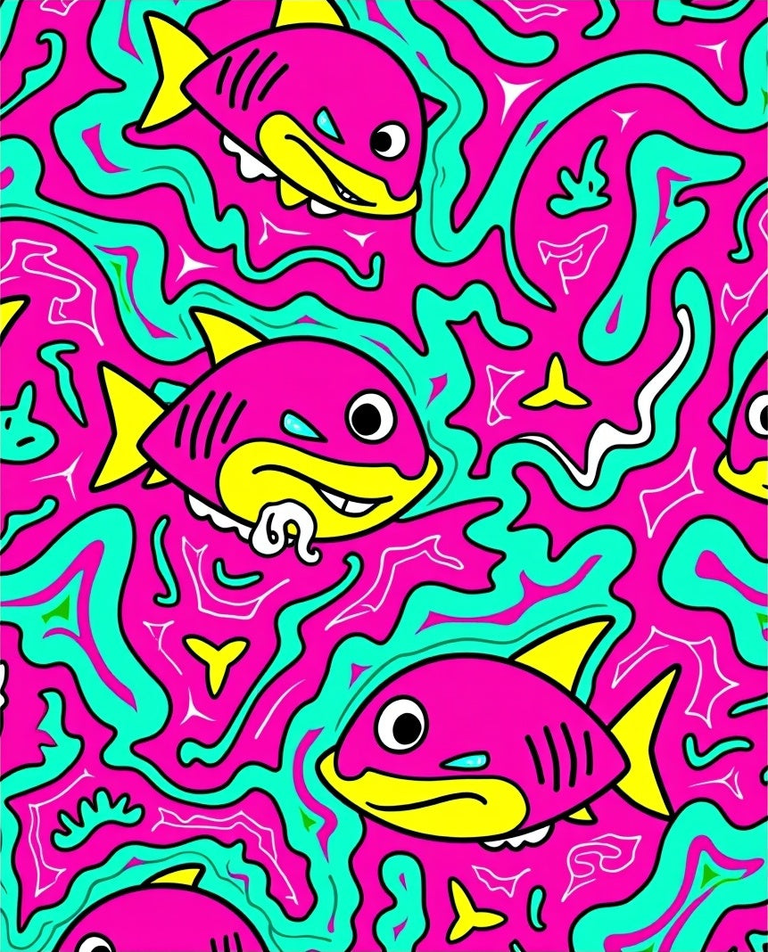 Doodle Fish Pink Aqua Yellow Art Rug