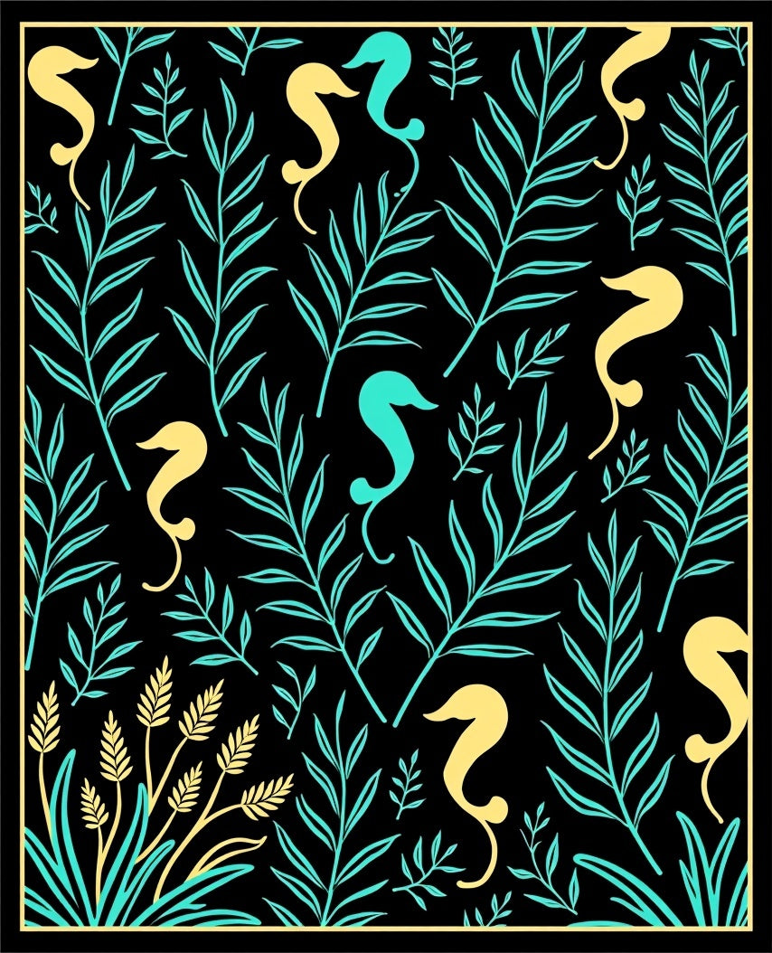 Aqua Yellow Seahorse Foliage Repeat Rug