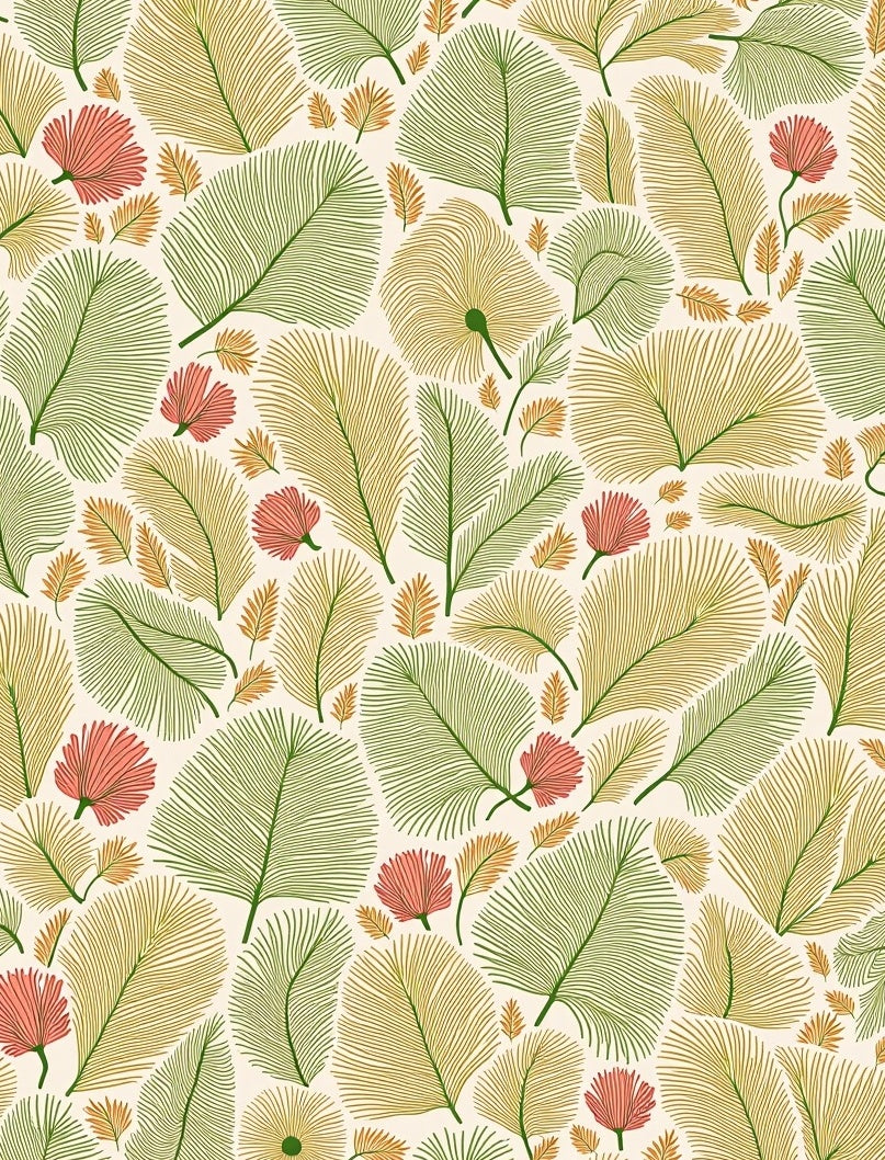 Coral Pink Green Palm Leaf Collage Rug
