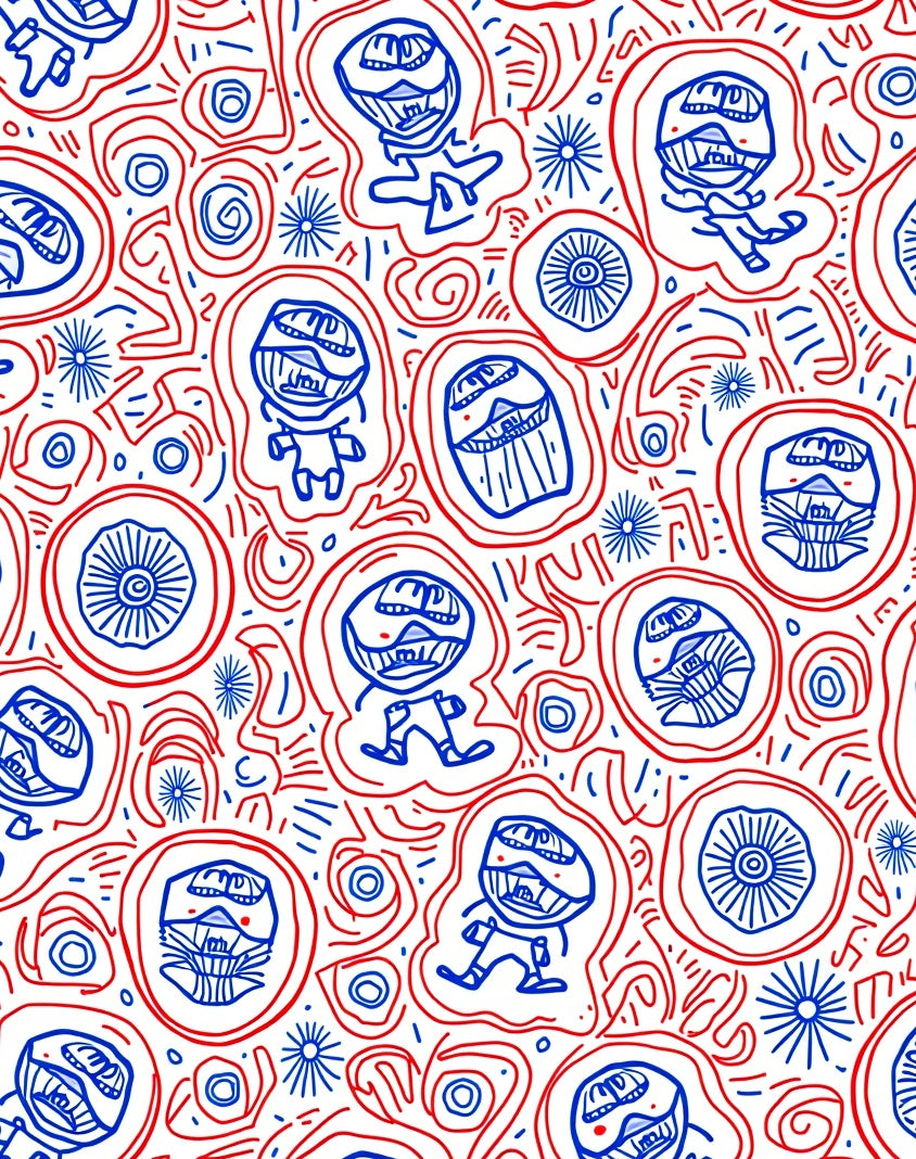 Red Blue Whimsical Character Fusion Rug