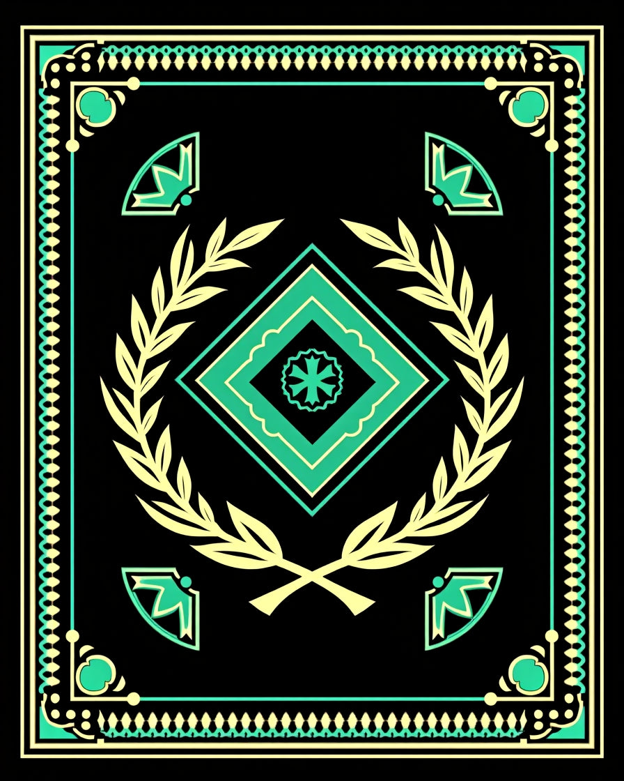 Black Teal Laurel Diamond Emblem Rug