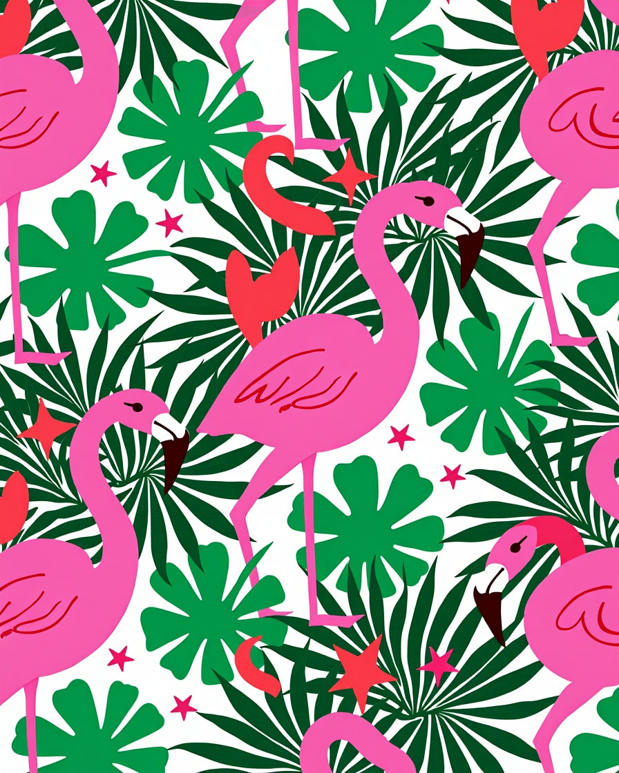 Pink Flamingos Green Tropical Leaves Red Accents Rug