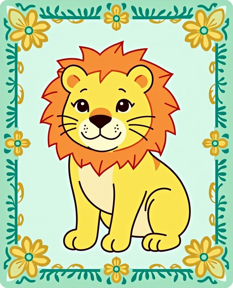 Cute Yellow Lion Floral Frame Rug