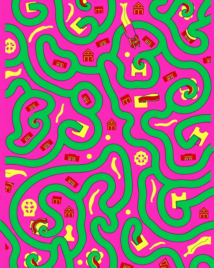 Pink Green Maze Folk Art Rug