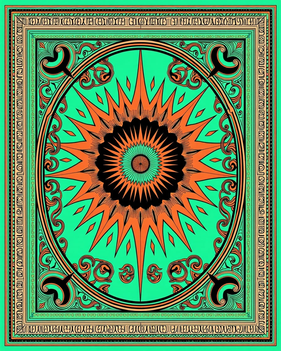 Vibrant Orange Sunburst Mint Mandala Rug