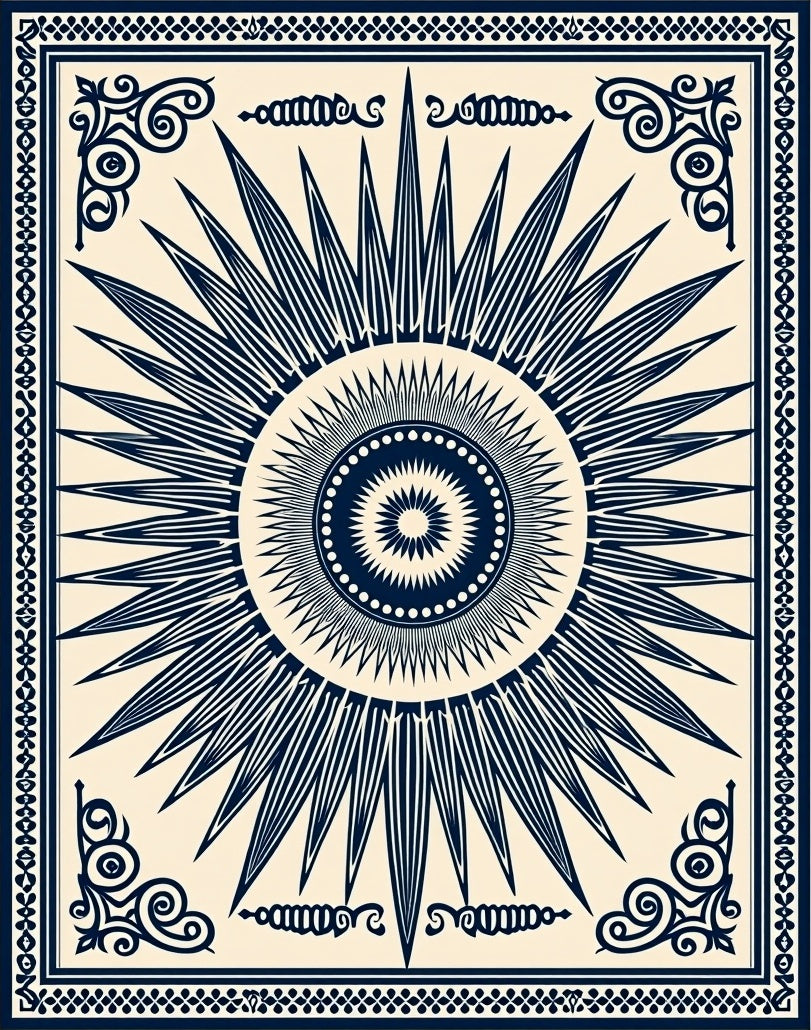 Navy Sunburst Mandala Border Design Rug