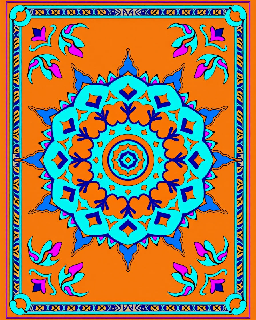Vibrant Orange Teal Floral Mandala Rug
