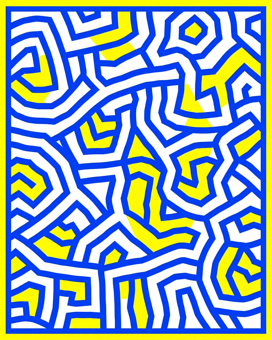 Bold Blue Yellow Abstract Maze Rug