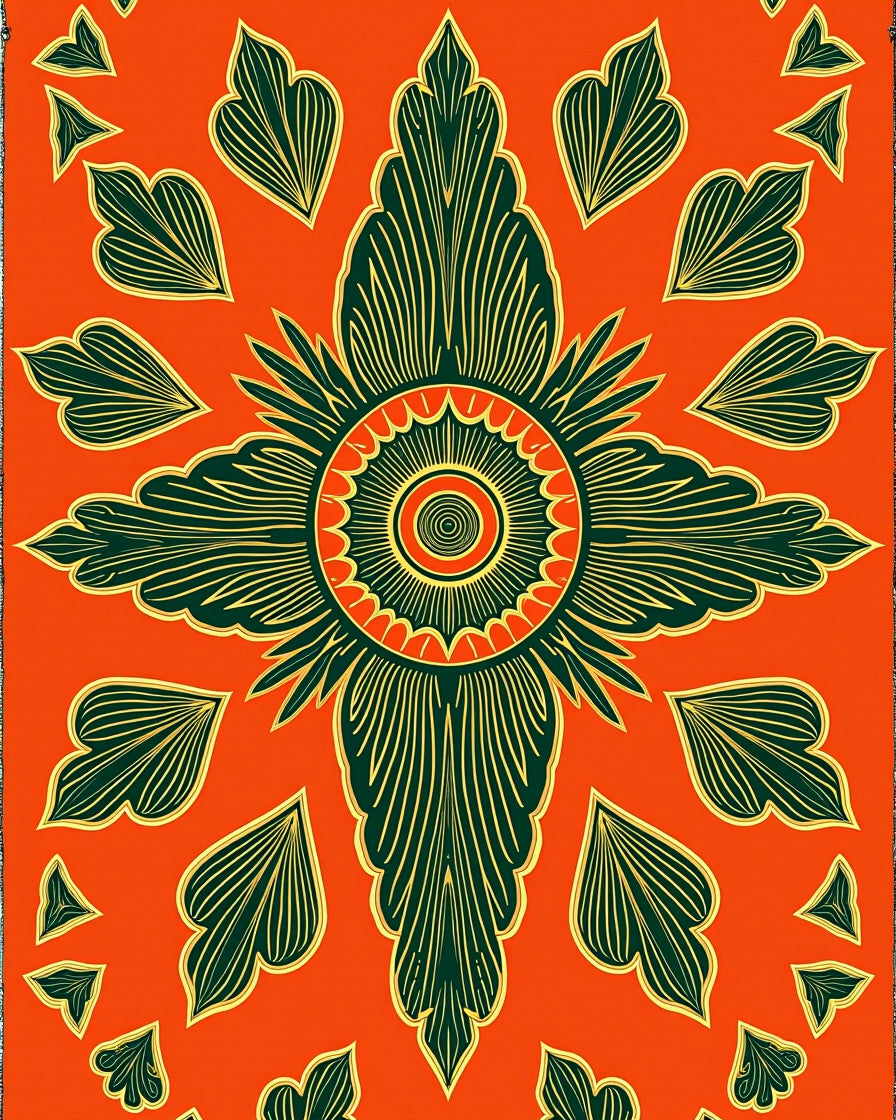 Orange Tropical Leaf Sunburst Medallion Rug