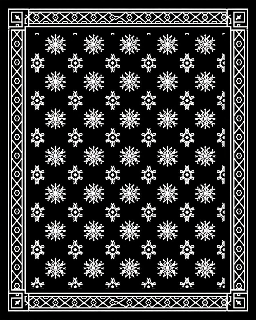 White Snowflake Bordered Black Rug