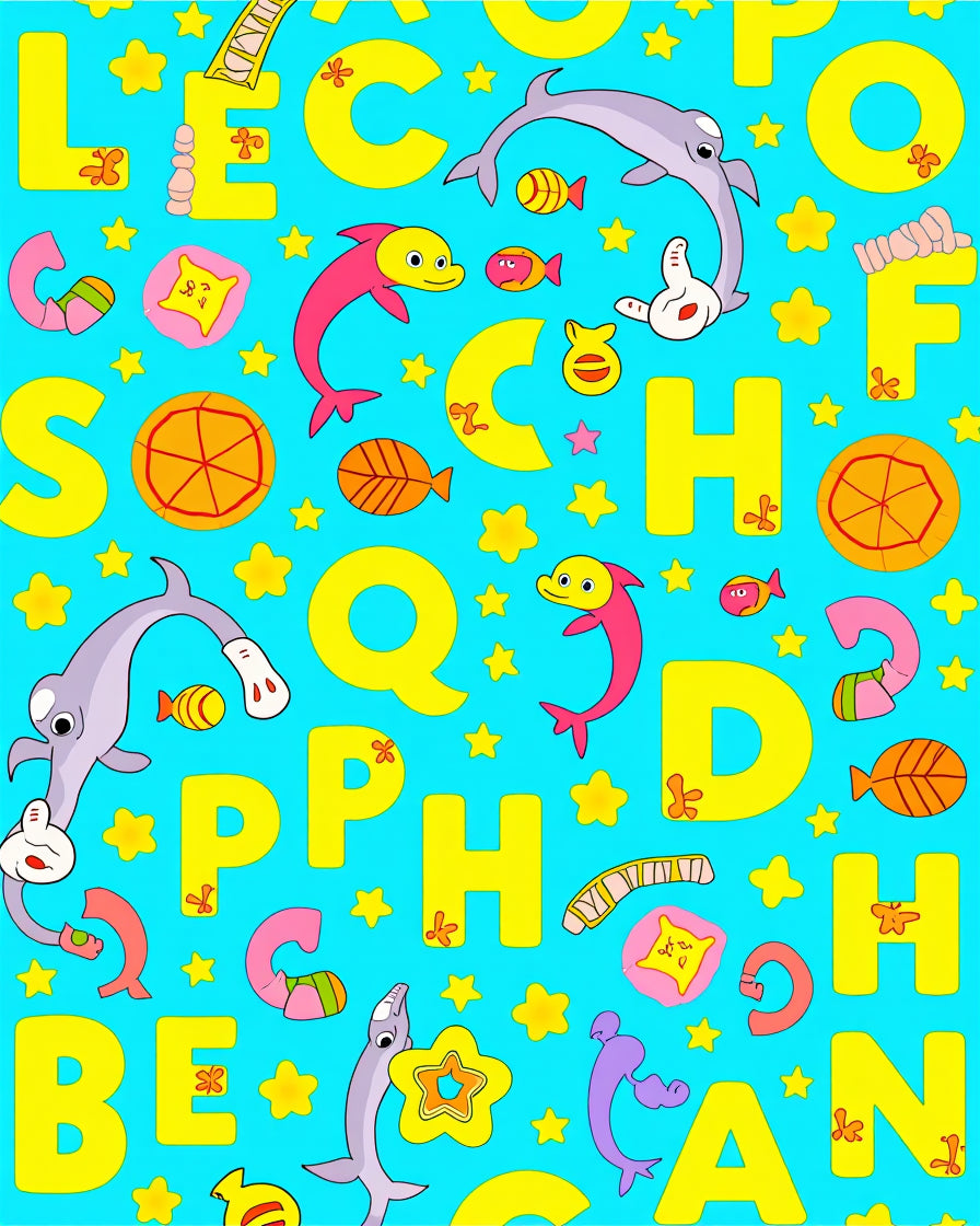 Playful Alphabet Dolphins Starry Background Rug