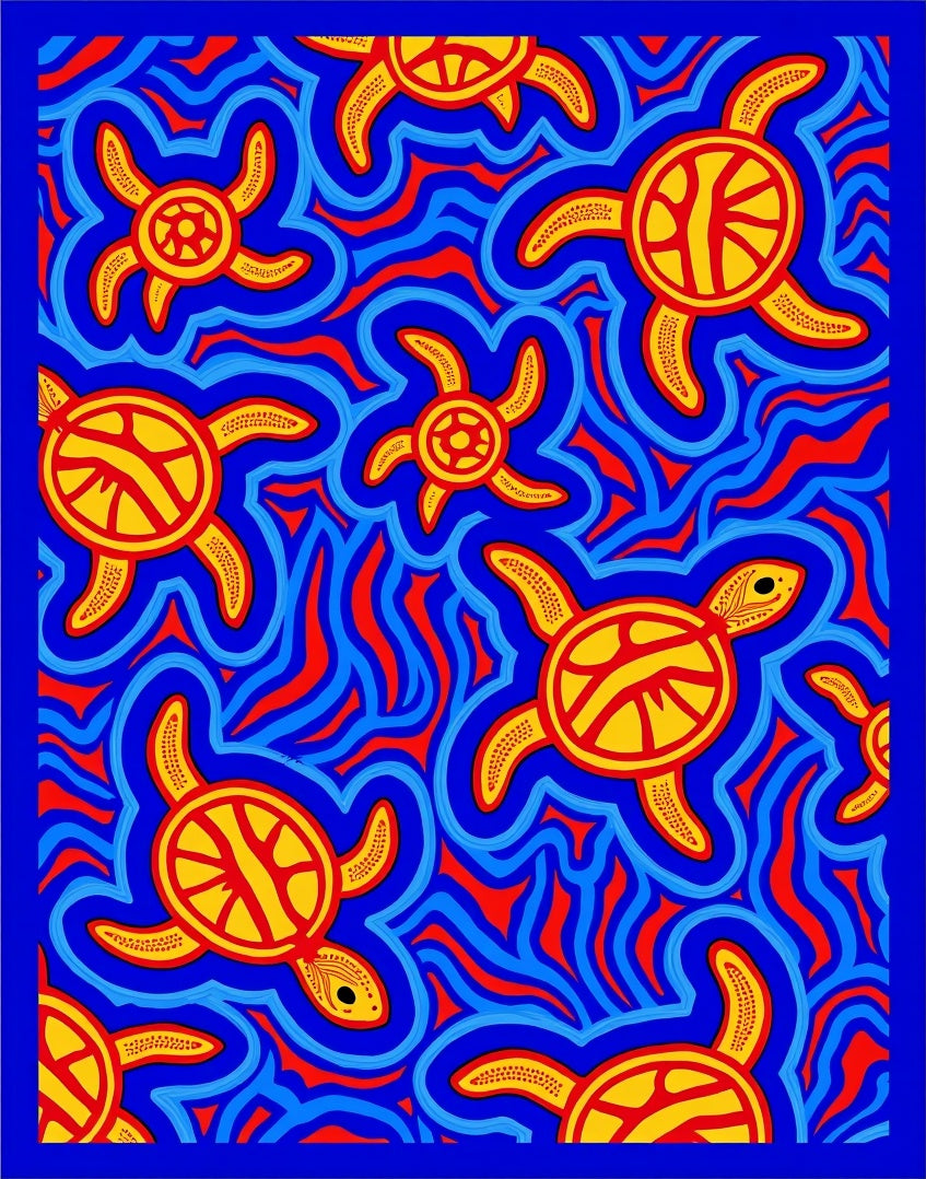Yellow Sun Turtles in Blue Waves Rug