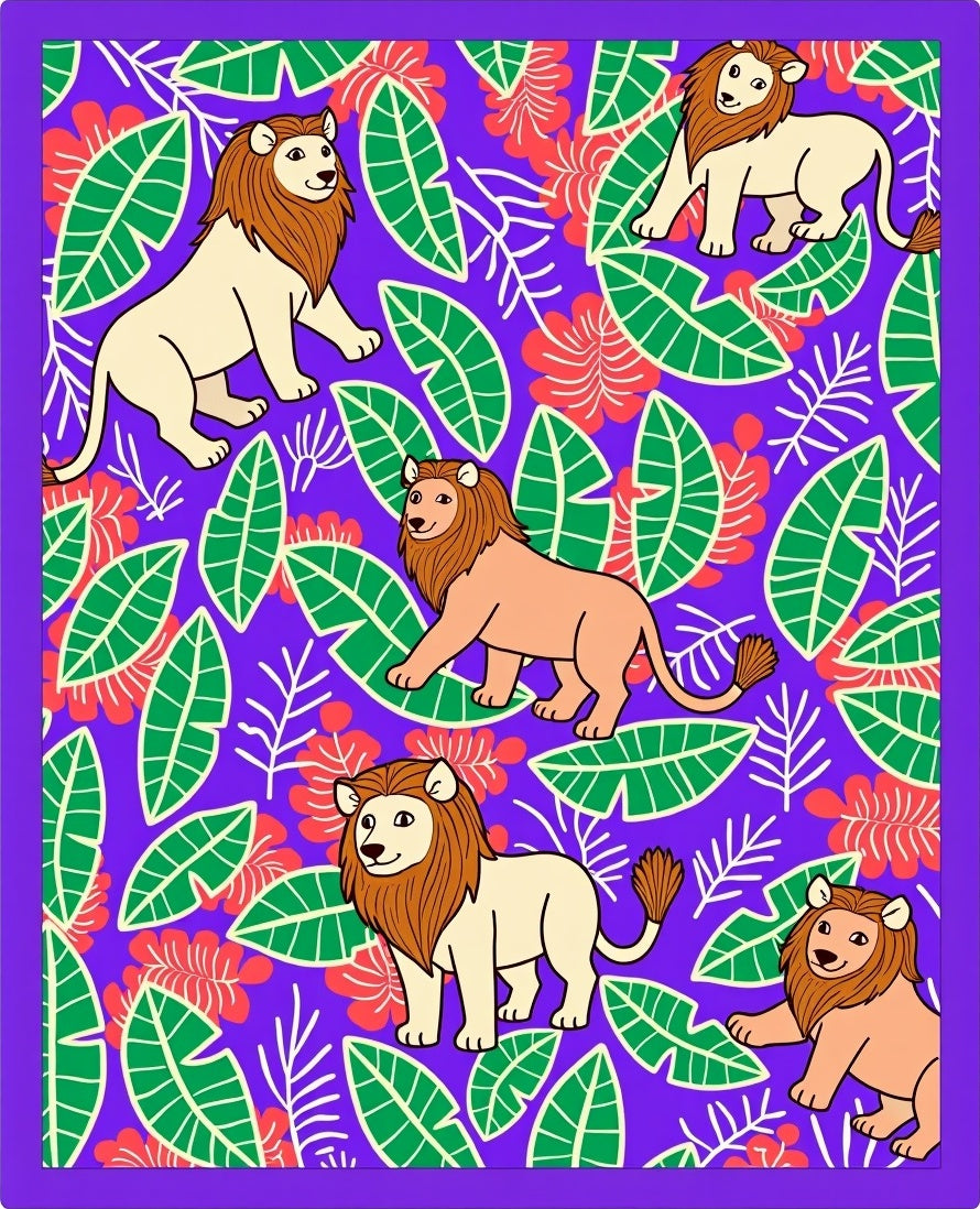 Jungle Lions with Green Leaf Motif Rug