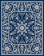 Deep Blue White Intricate Floral Medallion Rug
