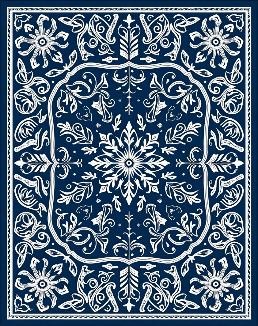 Deep Blue White Intricate Floral Medallion Rug