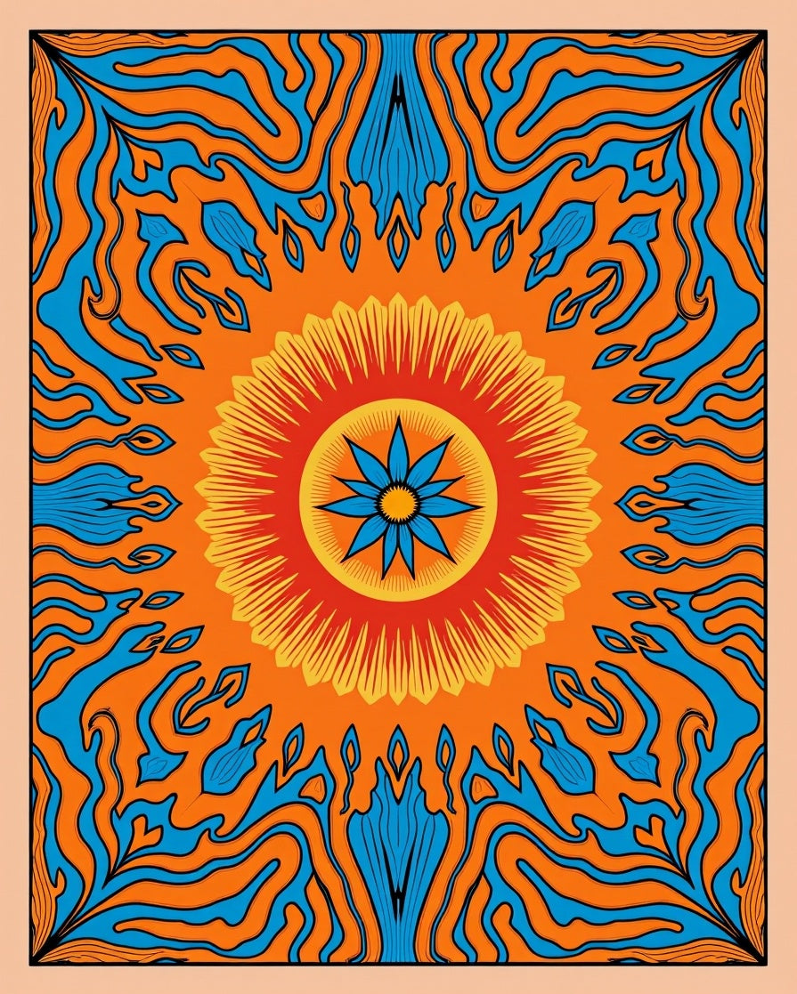 Vibrant Orange Blue Sunburst Mandala Rug