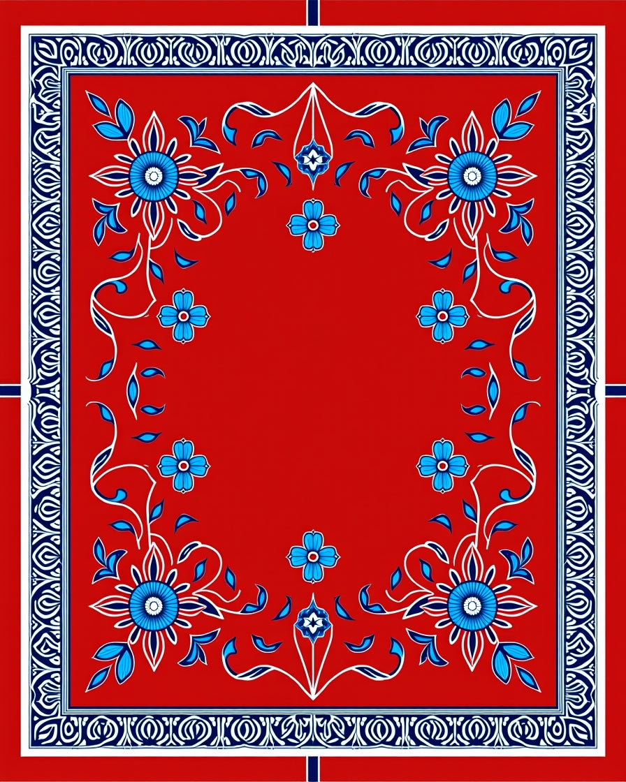 Red Blue Floral Vine Border Rug