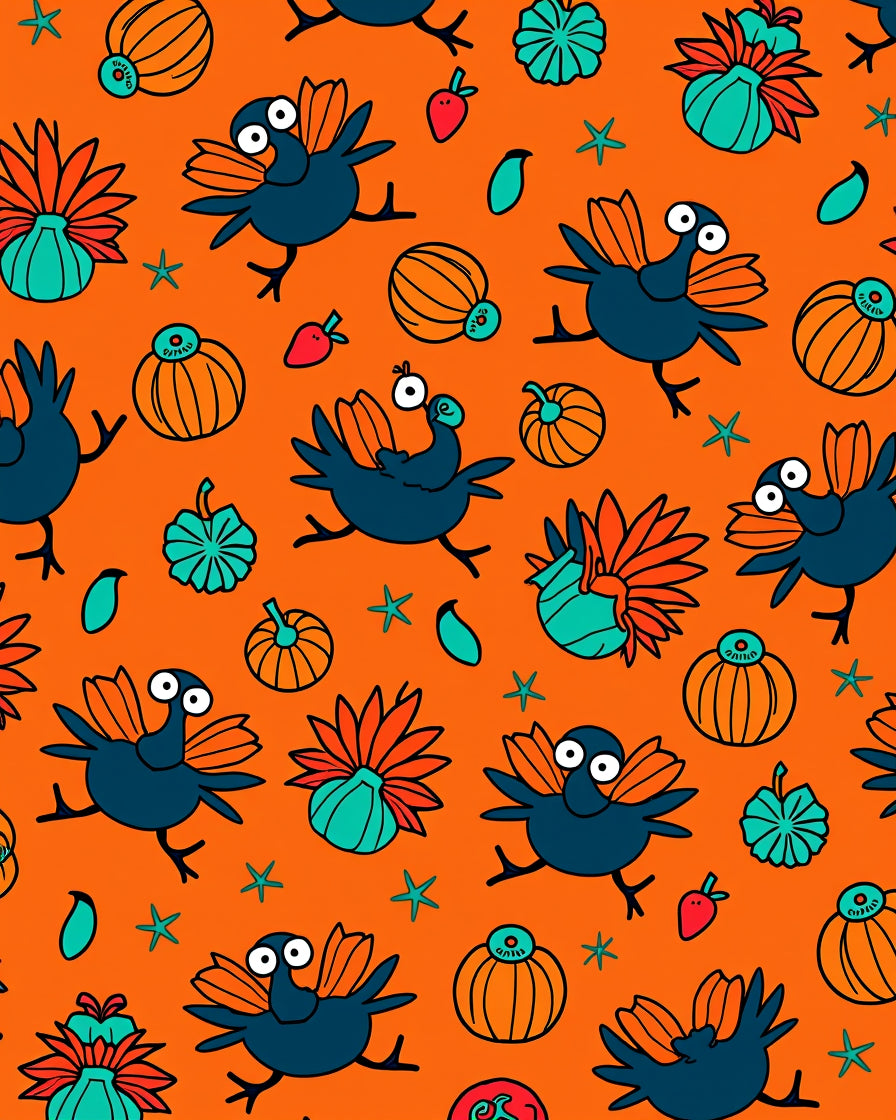 Whimsical Blue Turkey Pumpkin Harvest Rug