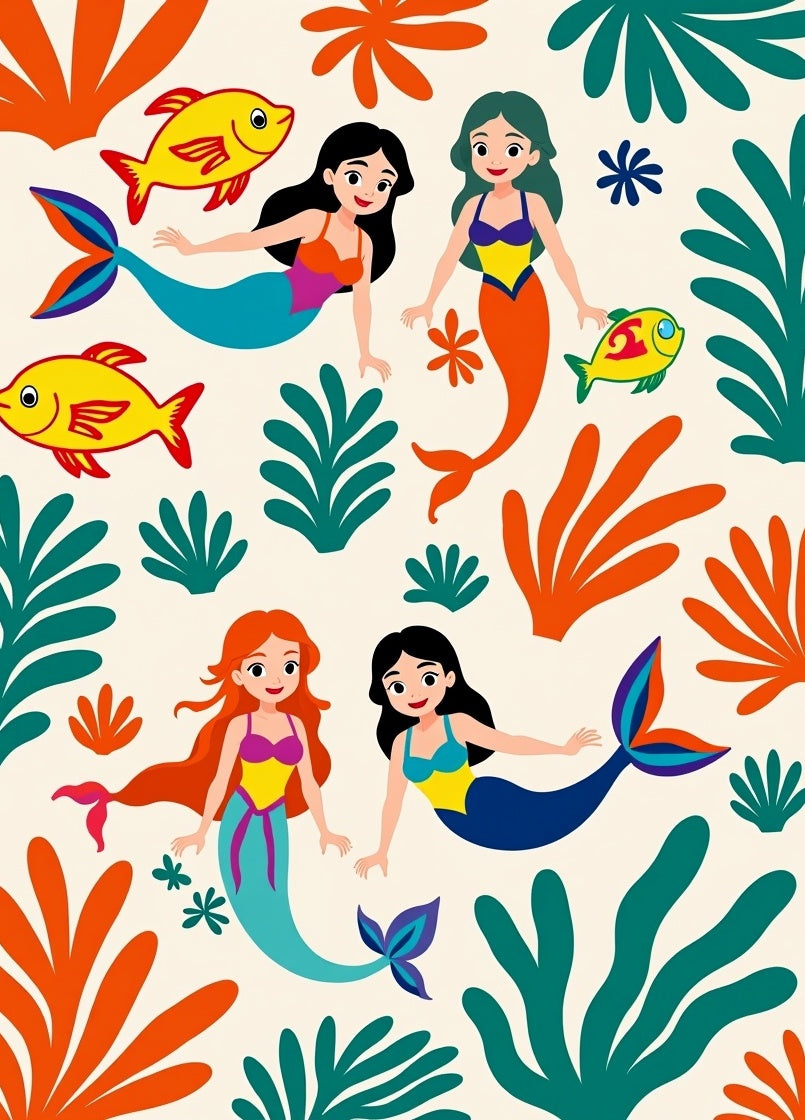 Whimsical Mermaids Bright Coral Tropical Rug