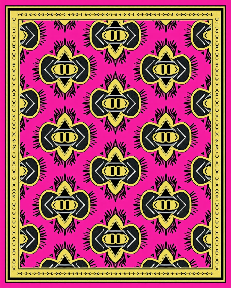 Vibrant Pink Yellow Tribal Medallions Rug