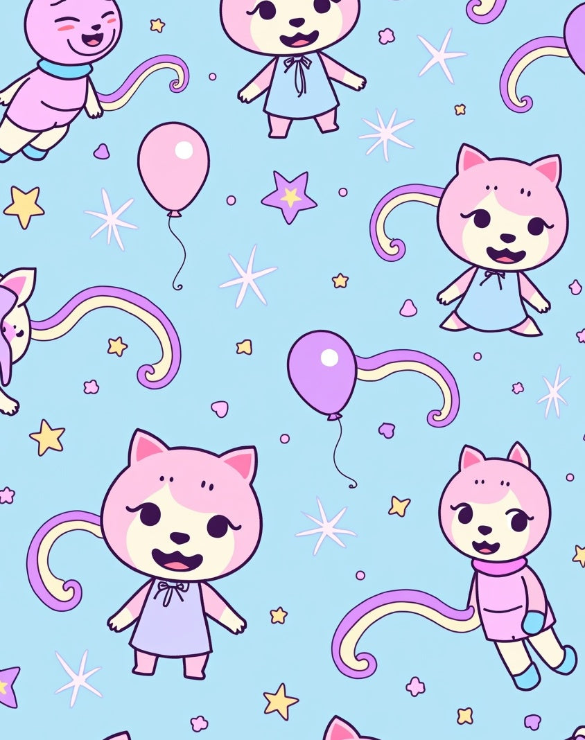 Charming Pink Cat Whimsical Stars Balloons Rug
