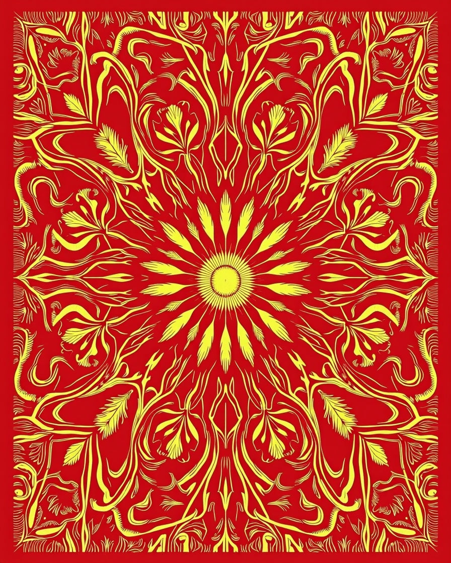 Radiant Yellow Floral Sunburst Red Rug