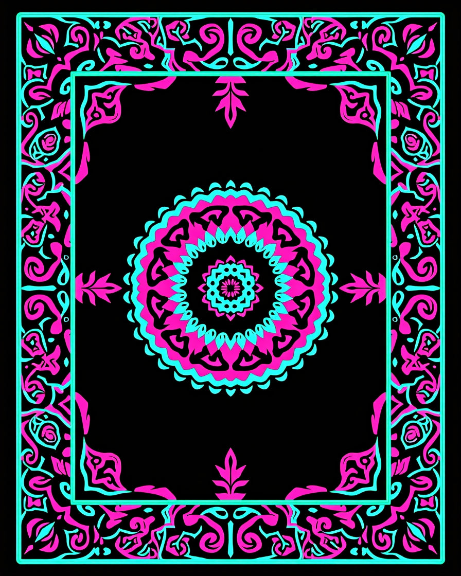 Vibrant Pink Cyan Mandala Border Rug