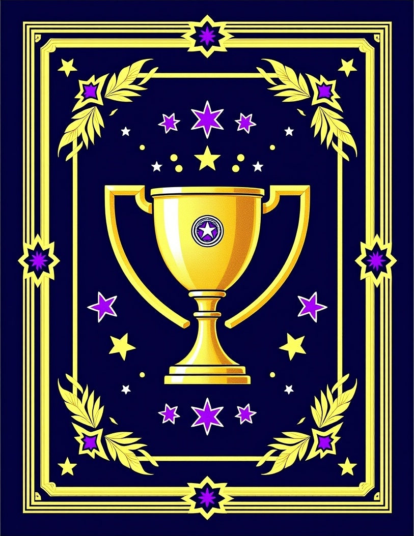 Golden Trophy With Purple Star Accents Rug