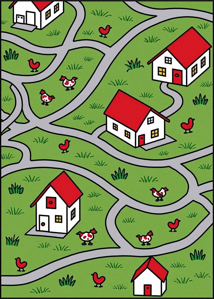 Whimsical Village Houses and Chickens Rug
