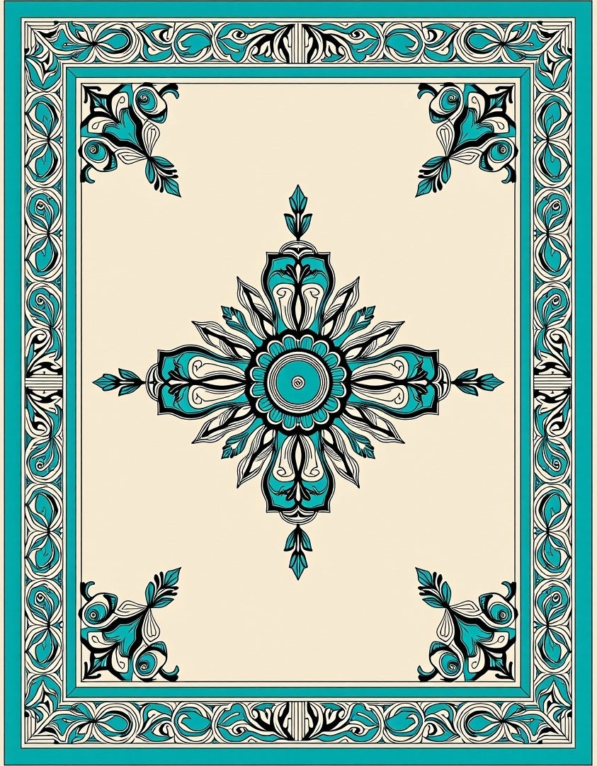 Turquoise Floral Medallion Classic Border Rug
