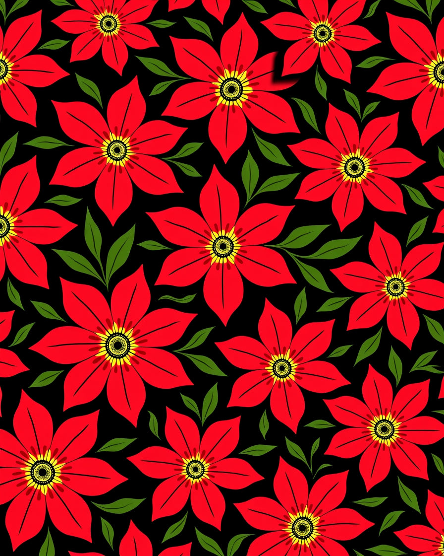 Vibrant Red Flower Leafy Black Rug