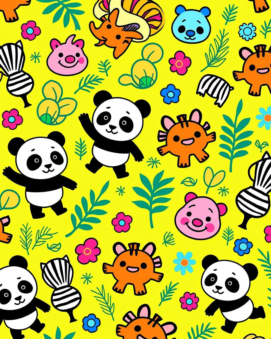 Cute Panda Animals With Flowers Rug