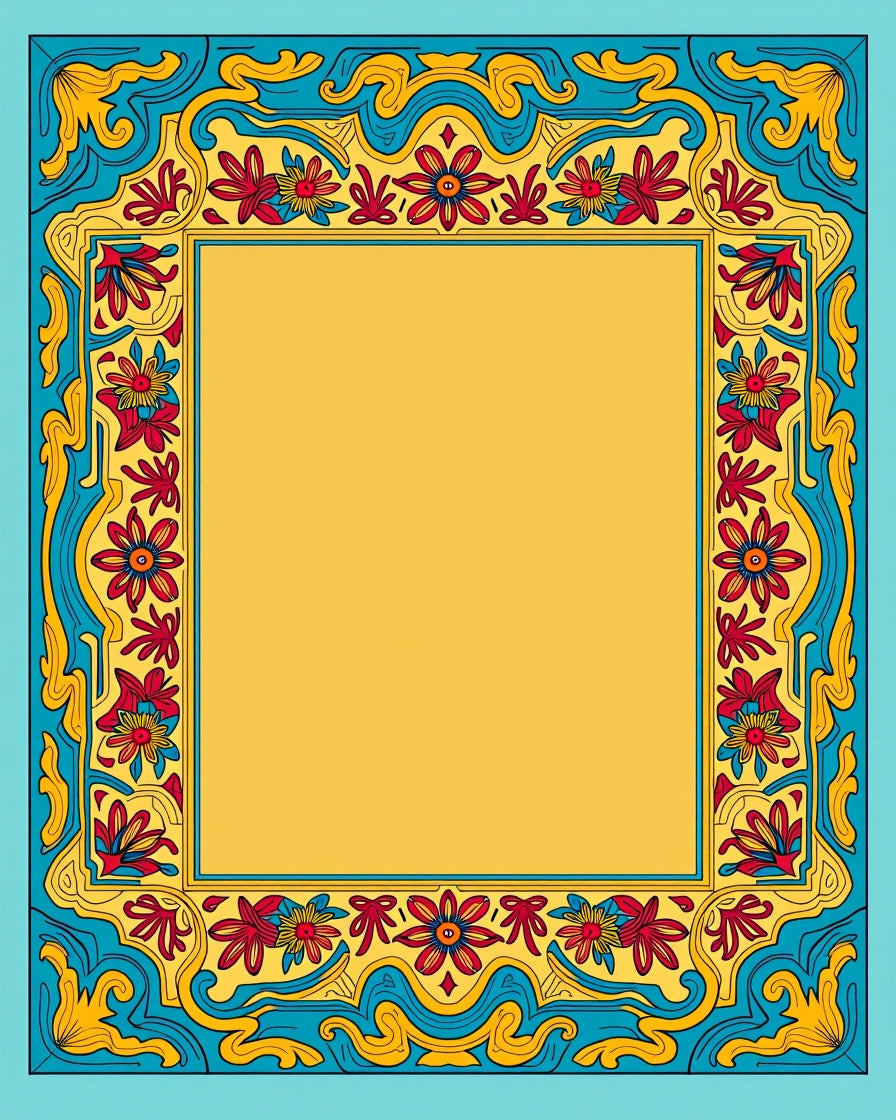 Vibrant Red Blue Yellow Floral Frame Rug