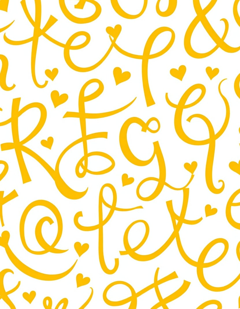 Yellow Script Hearts Whimsical Alphabet Rug