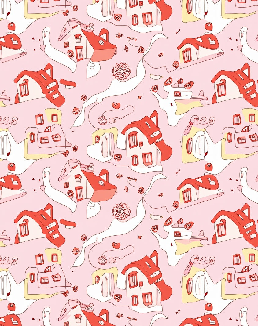 Whimsical Pink Houses Abstract Flow Rug