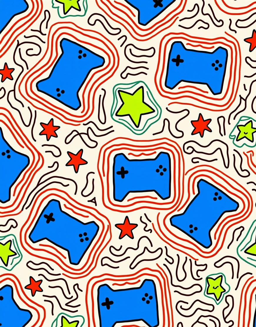 Blue Gaming Controller Red Contour Stars Rug